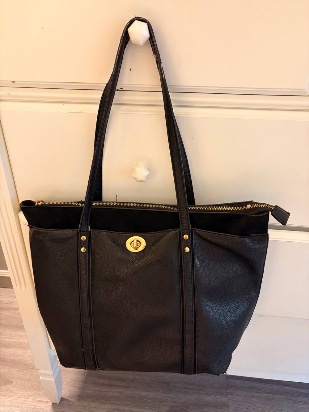 Accessorize London Black Leather Laptop Tote Bag with Gold Turn-Lock well used
